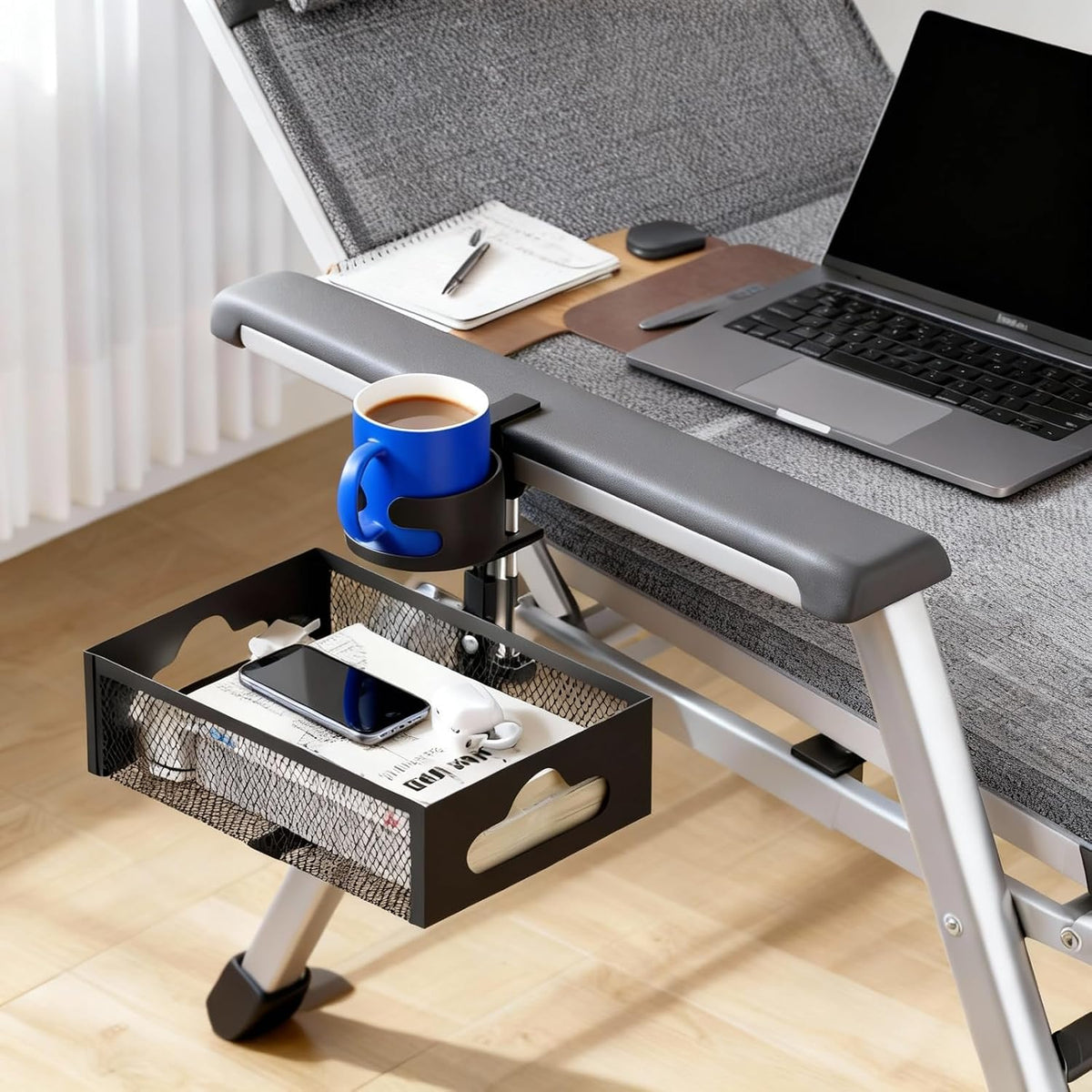 Clamp-On Under Desk Organizer with Cup Holder, 360° Rotating Mesh Drawer with Cable Hole, No-Drill Desk Drawer Organizer for Gaming Desk Accessories, Office Supplies, Coffee Mug, Dorm(2 in1)