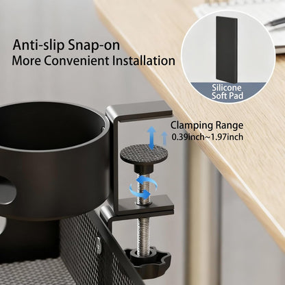 Clamp-On Under Desk Organizer with Cup Holder, 360° Rotating Mesh Drawer with Cable Hole, No-Drill Desk Drawer Organizer for Gaming Desk Accessories, Office Supplies, Coffee Mug, Dorm(2 in1)