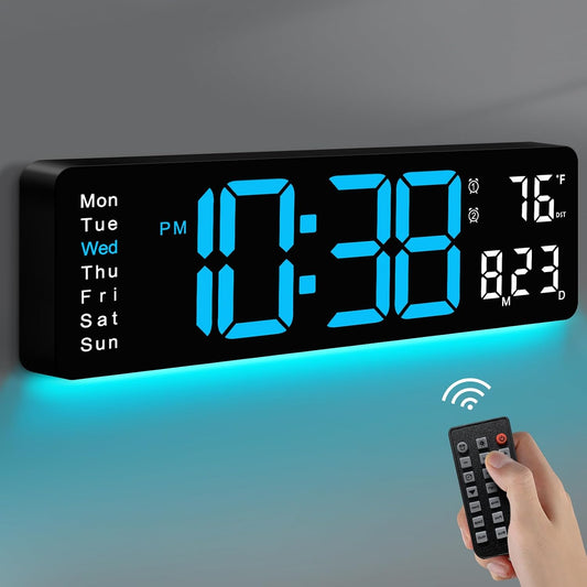 Digital Wall Clock, 16" Large Display Digital Clock with Remote Control, Auto-Dimming Wall Clock with Night Light, DST, Date Week,Temp for Living Room, Bedroom, Decor, for Elderly