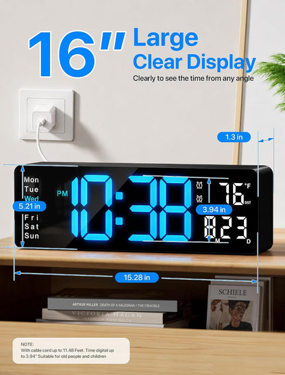 Digital Wall Clock, 16" Large Display Digital Clock with Remote Control, Auto-Dimming Wall Clock with Night Light, DST, Date Week,Temp for Living Room, Bedroom, Decor, for Elderly