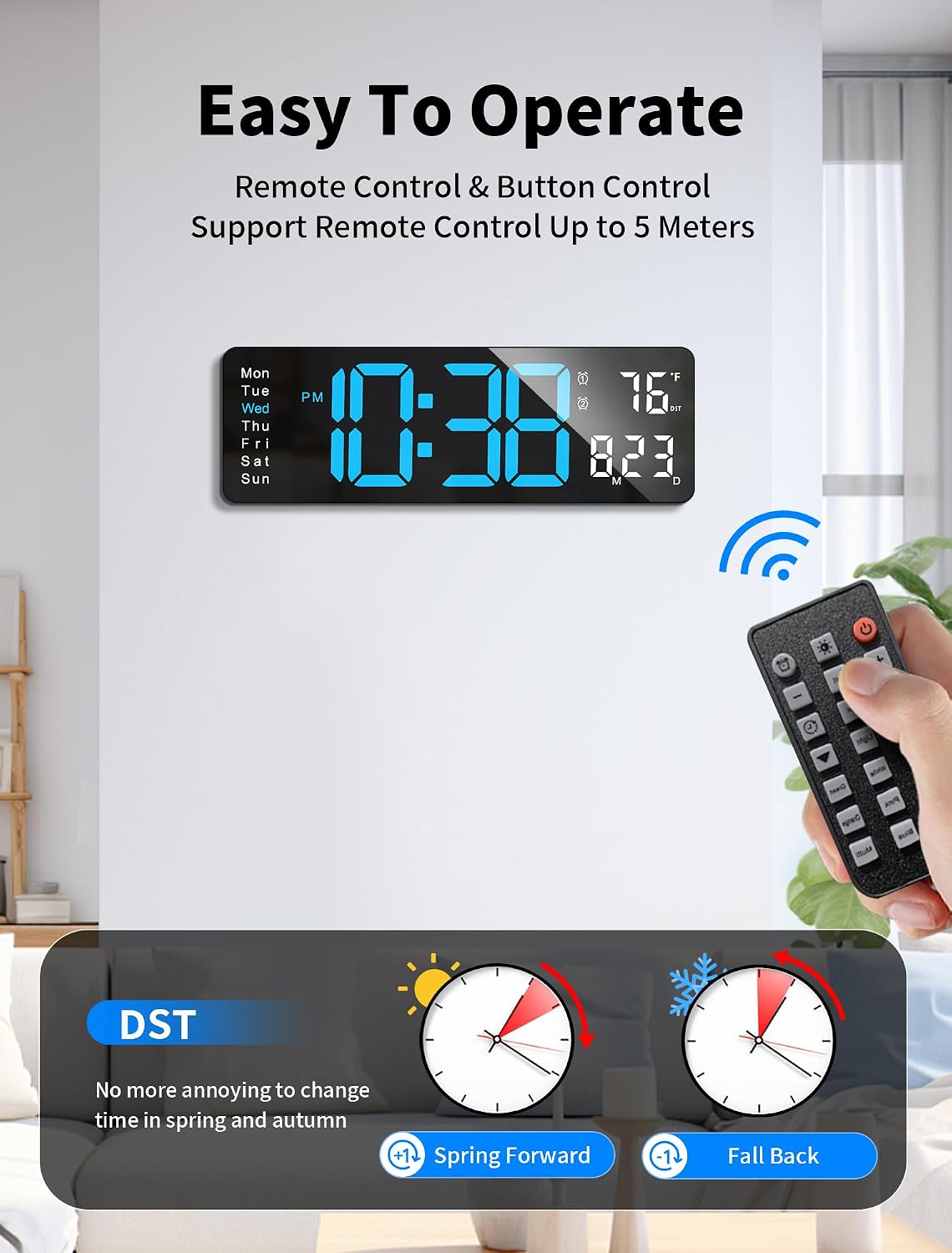 Digital Wall Clock, 16" Large Display Digital Clock with Remote Control, Auto-Dimming Wall Clock with Night Light, DST, Date Week,Temp for Living Room, Bedroom, Decor, for Elderly