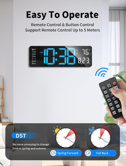 Digital Wall Clock, 16" Large Display Digital Clock with Remote Control, Auto-Dimming Wall Clock with Night Light, DST, Date Week,Temp for Living Room, Bedroom, Decor, for Elderly