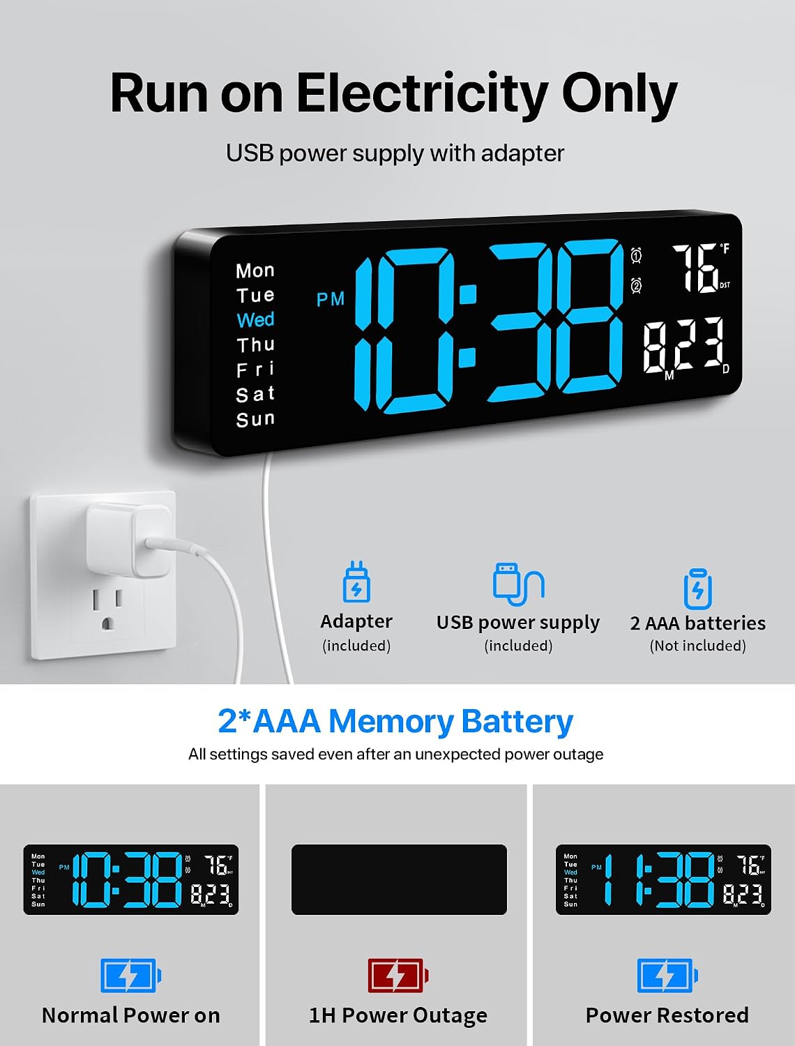 Digital Wall Clock, 16" Large Display Digital Clock with Remote Control, Auto-Dimming Wall Clock with Night Light, DST, Date Week,Temp for Living Room, Bedroom, Decor, for Elderly