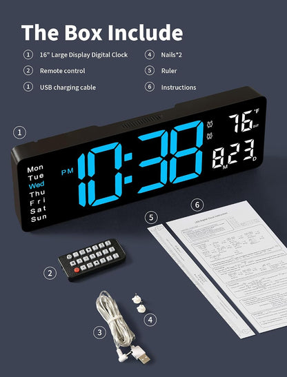 Digital Wall Clock, 16" Large Display Digital Clock with Remote Control, Auto-Dimming Wall Clock with Night Light, DST, Date Week,Temp for Living Room, Bedroom, Decor, for Elderly