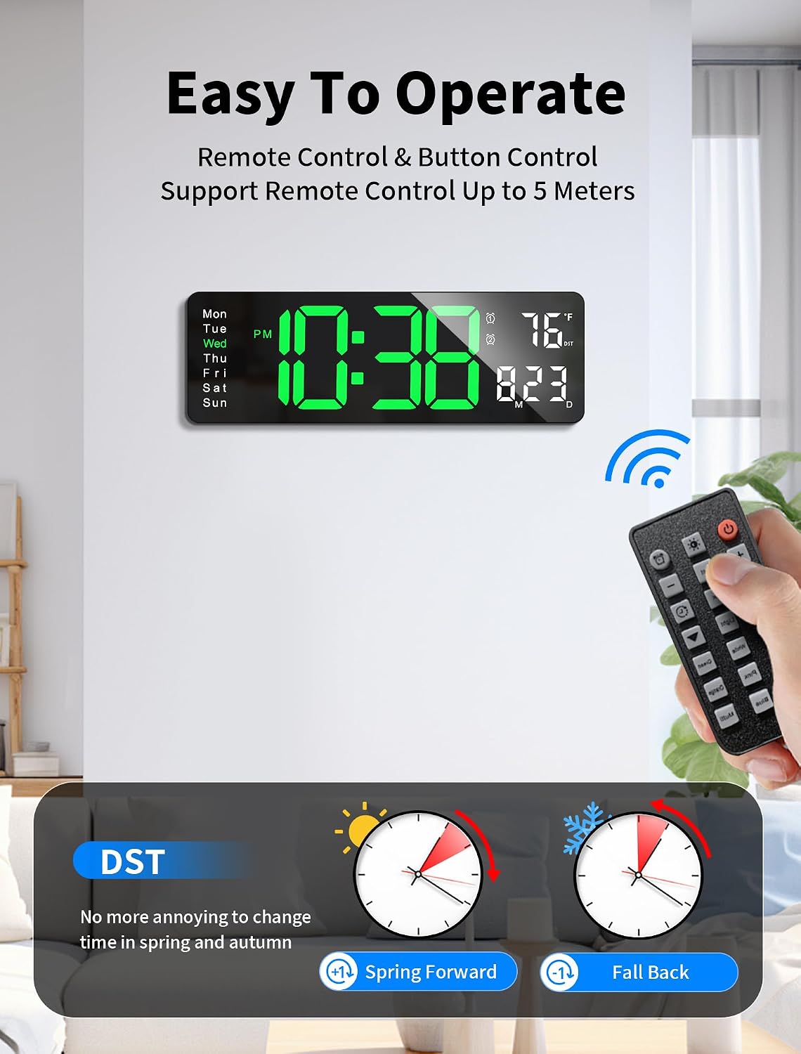 Digital Wall Clock, 16" Large Display Digital Clock with Remote Control, Auto-Dimming Wall Clock with Night Light, DST, Date Week,Temp for Living Room, Bedroom, Decor, for Elderly