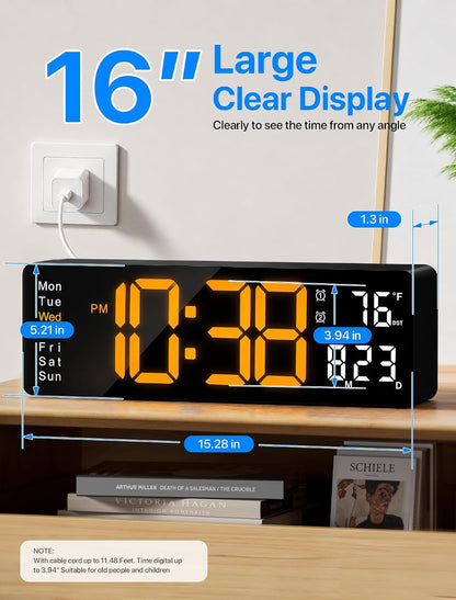Digital Wall Clock, 16" Large Display Digital Clock with Remote Control, Auto-Dimming Wall Clock with Night Light, DST, Date Week,Temp for Living Room, Bedroom, Decor, for Elderly
