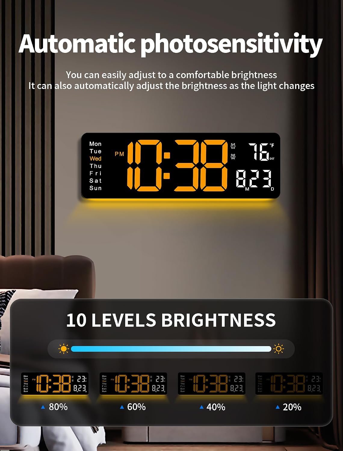 Digital Wall Clock, 16" Large Display Digital Clock with Remote Control, Auto-Dimming Wall Clock with Night Light, DST, Date Week,Temp for Living Room, Bedroom, Decor, for Elderly