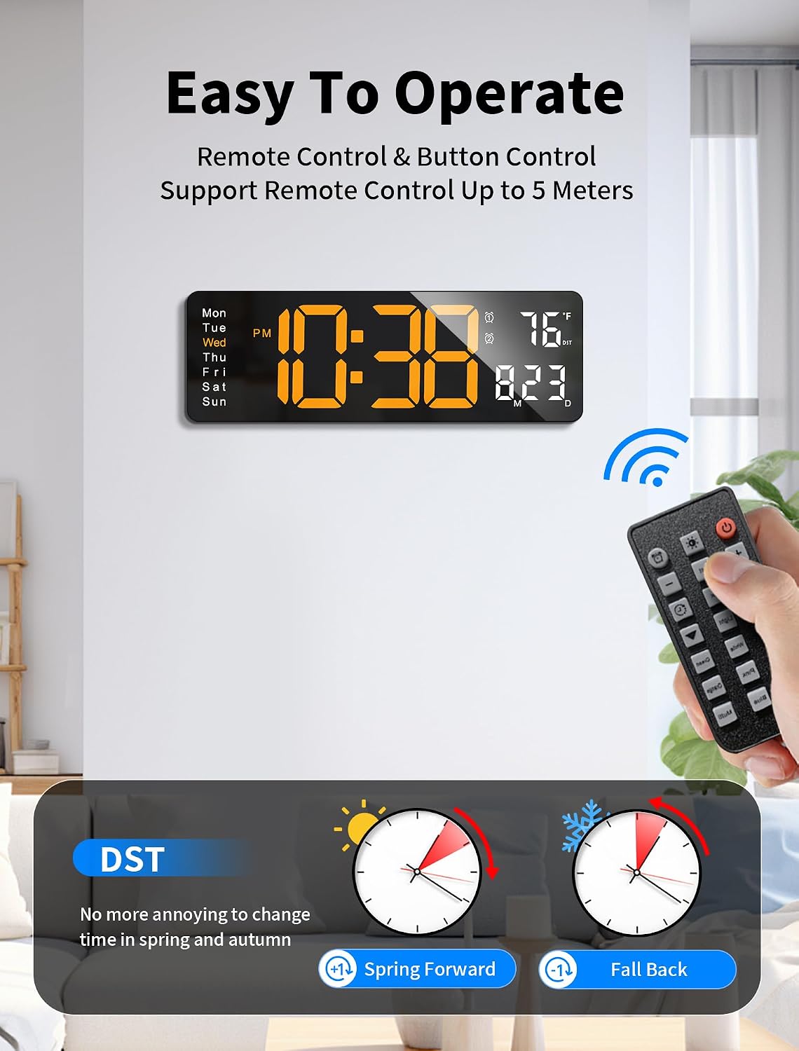 Digital Wall Clock, 16" Large Display Digital Clock with Remote Control, Auto-Dimming Wall Clock with Night Light, DST, Date Week,Temp for Living Room, Bedroom, Decor, for Elderly
