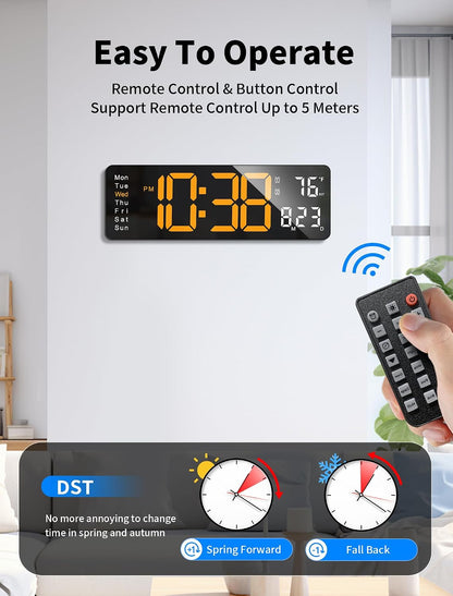 Digital Wall Clock, 16" Large Display Digital Clock with Remote Control, Auto-Dimming Wall Clock with Night Light, DST, Date Week,Temp for Living Room, Bedroom, Decor, for Elderly