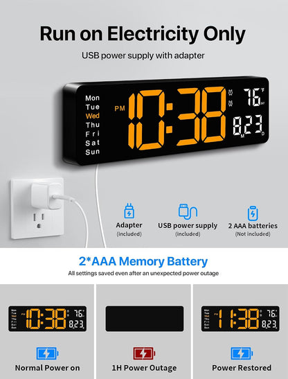 Digital Wall Clock, 16" Large Display Digital Clock with Remote Control, Auto-Dimming Wall Clock with Night Light, DST, Date Week,Temp for Living Room, Bedroom, Decor, for Elderly