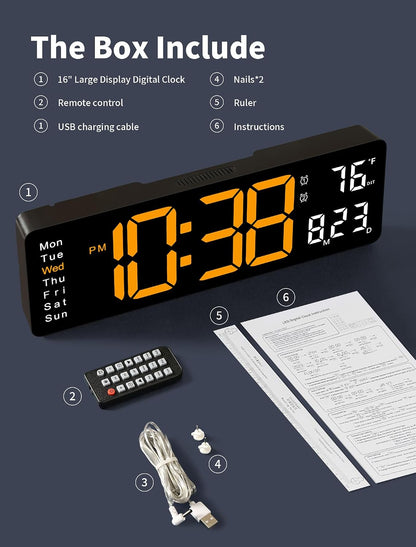 Digital Wall Clock, 16" Large Display Digital Clock with Remote Control, Auto-Dimming Wall Clock with Night Light, DST, Date Week,Temp for Living Room, Bedroom, Decor, for Elderly
