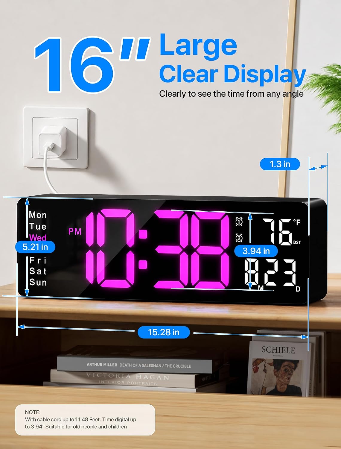 Digital Wall Clock, 16" Large Display Digital Clock with Remote Control, Auto-Dimming Wall Clock with Night Light, DST, Date Week,Temp for Living Room, Bedroom, Decor, for Elderly
