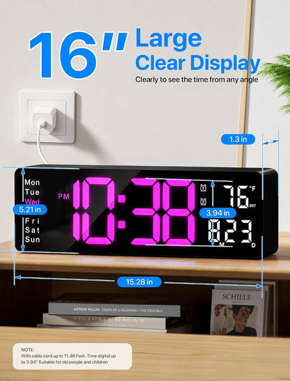 Digital Wall Clock, 16" Large Display Digital Clock with Remote Control, Auto-Dimming Wall Clock with Night Light, DST, Date Week,Temp for Living Room, Bedroom, Decor, for Elderly