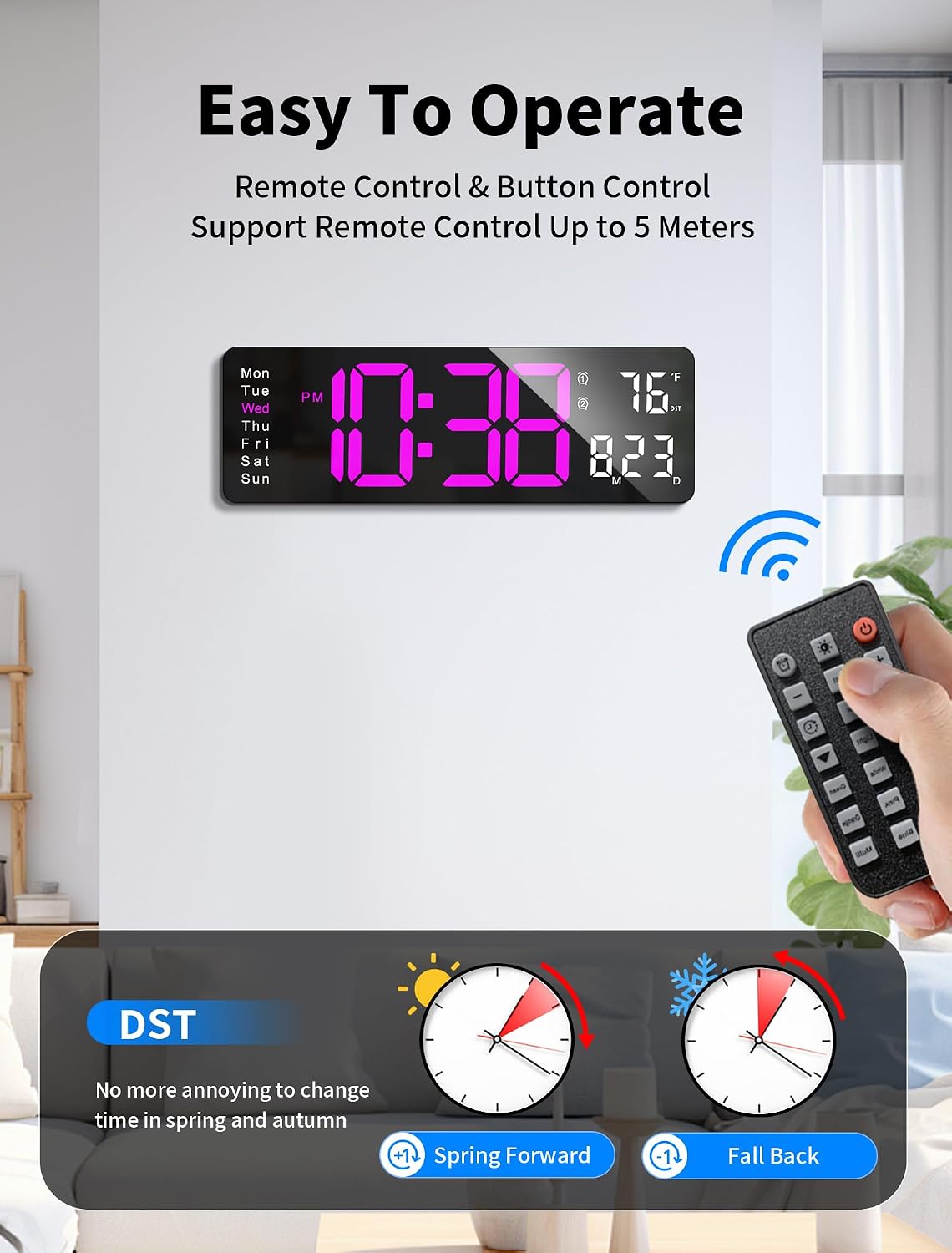 Digital Wall Clock, 16" Large Display Digital Clock with Remote Control, Auto-Dimming Wall Clock with Night Light, DST, Date Week,Temp for Living Room, Bedroom, Decor, for Elderly