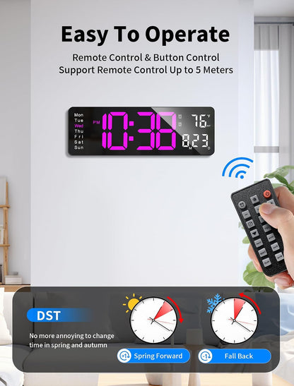 Digital Wall Clock, 16" Large Display Digital Clock with Remote Control, Auto-Dimming Wall Clock with Night Light, DST, Date Week,Temp for Living Room, Bedroom, Decor, for Elderly