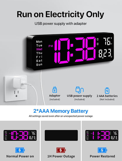 Digital Wall Clock, 16" Large Display Digital Clock with Remote Control, Auto-Dimming Wall Clock with Night Light, DST, Date Week,Temp for Living Room, Bedroom, Decor, for Elderly