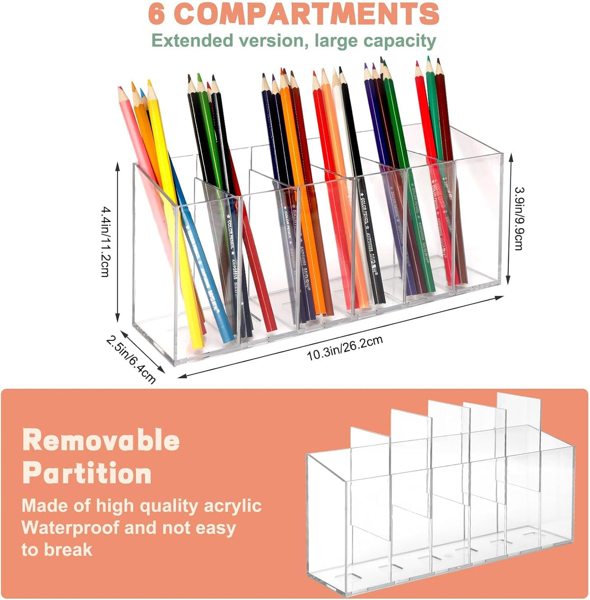 1Pcs Acrylic Pen Holders with 6 Compartments for Desk Organizer