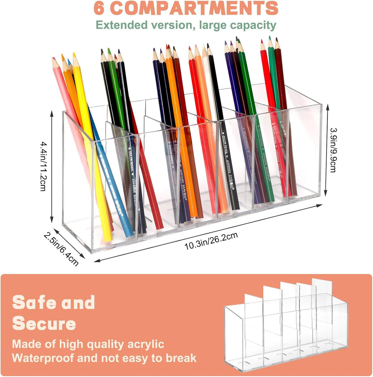 1Pcs Acrylic Pen Holders with 6 Compartments for Desk Organizer