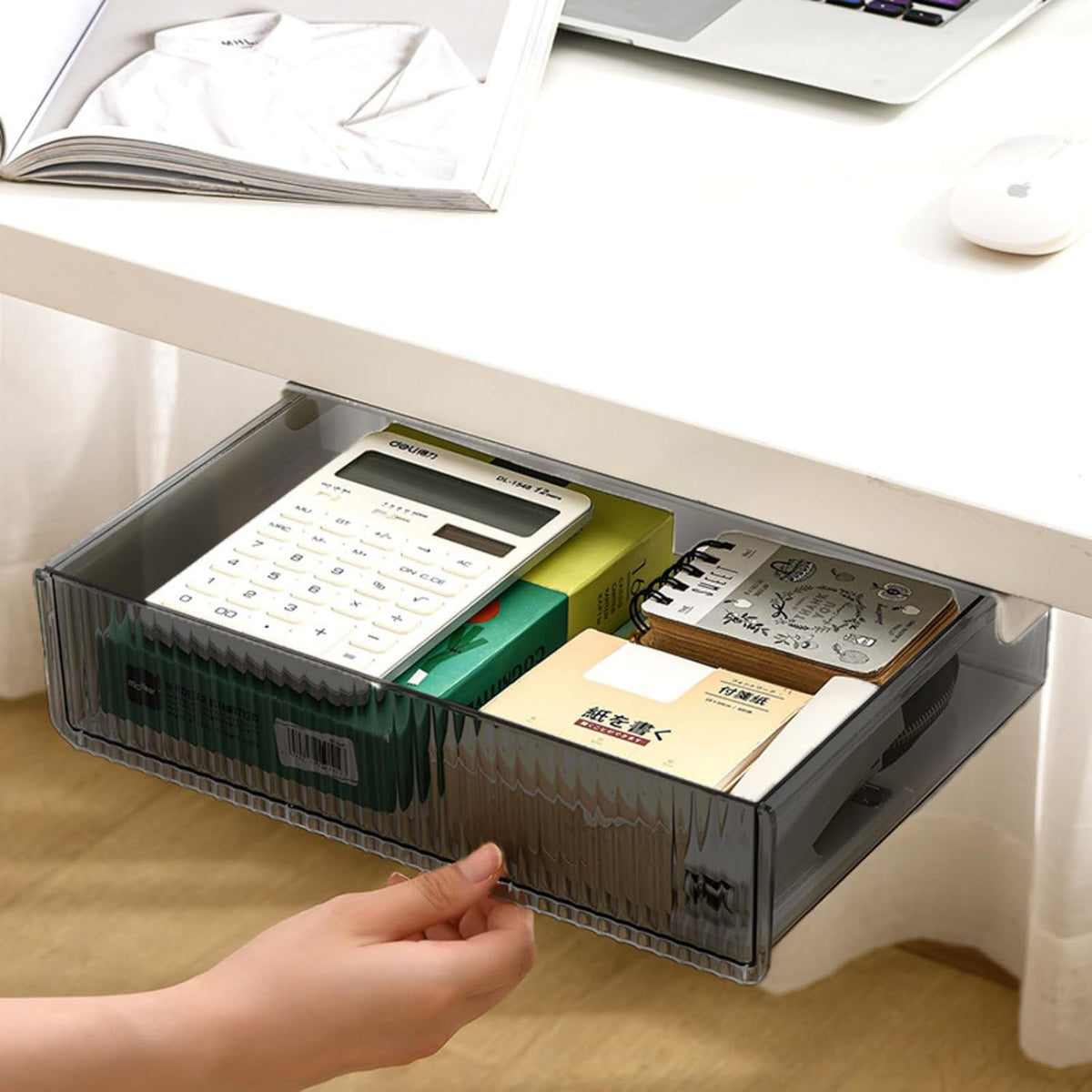 Under Desk Organizer - Stick On Fluted Translucent Desk Drawer Attachment, Slide Out Under Desk Storage for Office & Home (WHITE, SMALL)