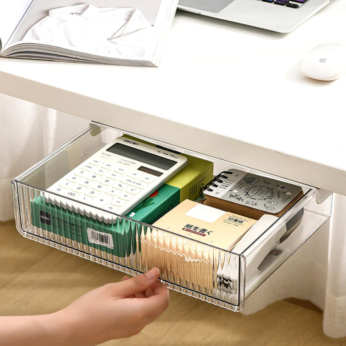 Under Desk Organizer - Stick On Fluted Translucent Desk Drawer Attachment, Slide Out Under Desk Storage for Office & Home (WHITE, SMALL)