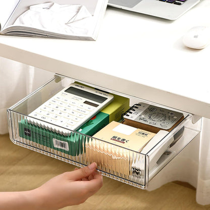 Under Desk Organizer - Stick On Fluted Translucent Desk Drawer Attachment, Slide Out Under Desk Storage for Office & Home (WHITE, SMALL)