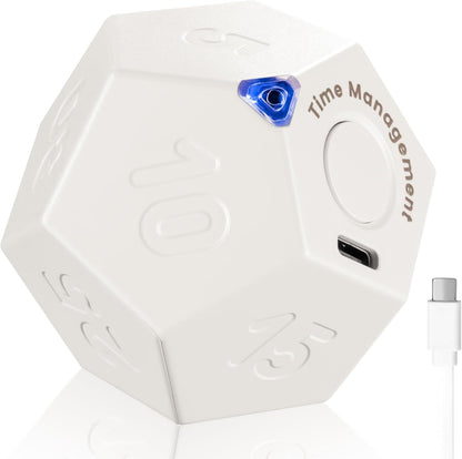 Pomodoro Cube Timer Productivity-11 Preset Countdowns, Flip-to-Start Gravity Activation - Sound Vibrate Mute Rechargeable - Ideal for ADHD Kid Kitchen Classroom Cook Study Exercise - White
