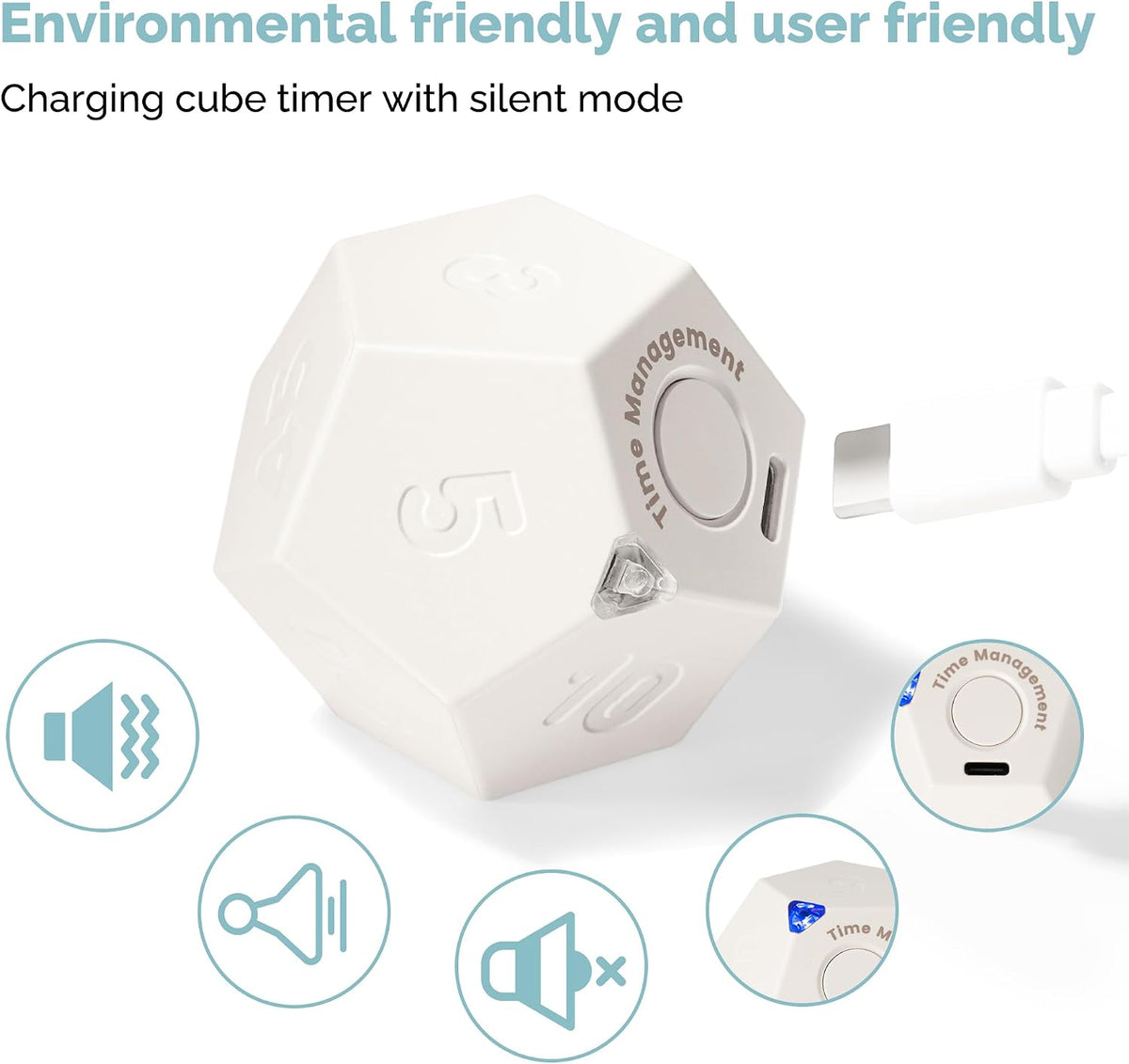 Pomodoro Cube Timer Productivity-11 Preset Countdowns, Flip-to-Start Gravity Activation - Sound Vibrate Mute Rechargeable - Ideal for ADHD Kid Kitchen Classroom Cook Study Exercise - White