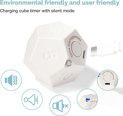 Pomodoro Cube Timer Productivity-11 Preset Countdowns, Flip-to-Start Gravity Activation - Sound Vibrate Mute Rechargeable - Ideal for ADHD Kid Kitchen Classroom Cook Study Exercise - White
