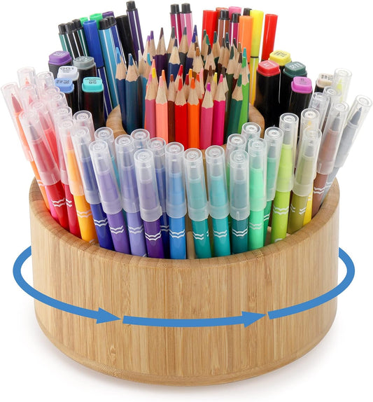 Bamboo Pen Holder Organizer, 360°Rotating Art Supply Organizer with 11 Compartments, Color Pencil Storage Caddy, Hold 200+ Pencils, Office Desk Stand Box for Marker Pens, Pencil, Art Brushes