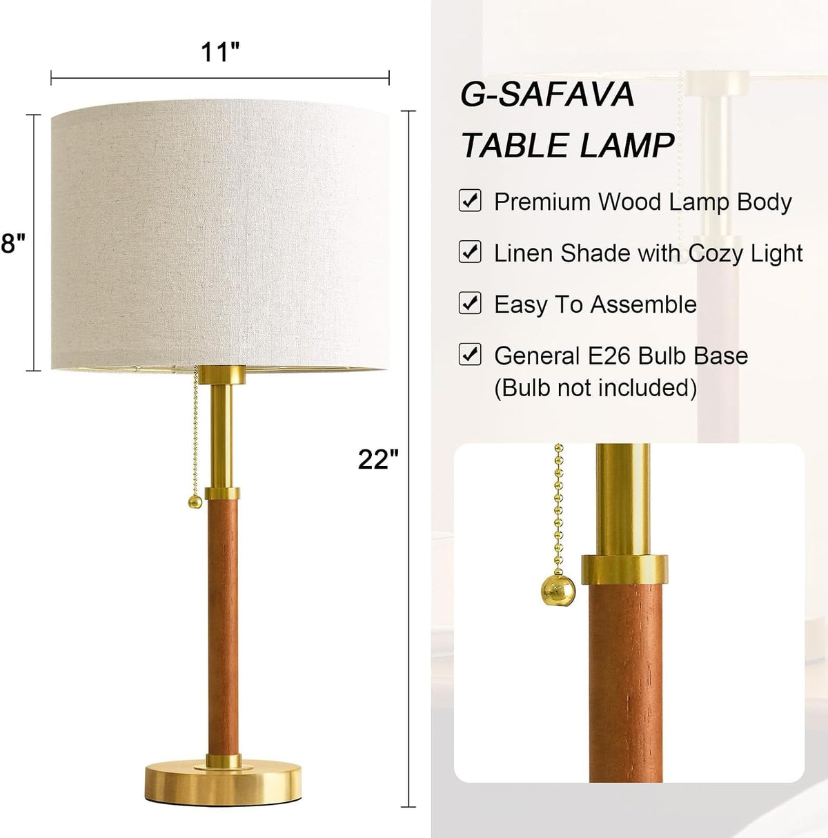 22" Wood Table Lamps Mid Century Modern Lamp for Bedroom Living Room