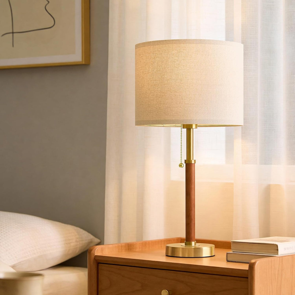 22" Wood Table Lamps Mid Century Modern Lamp for Bedroom Living Room