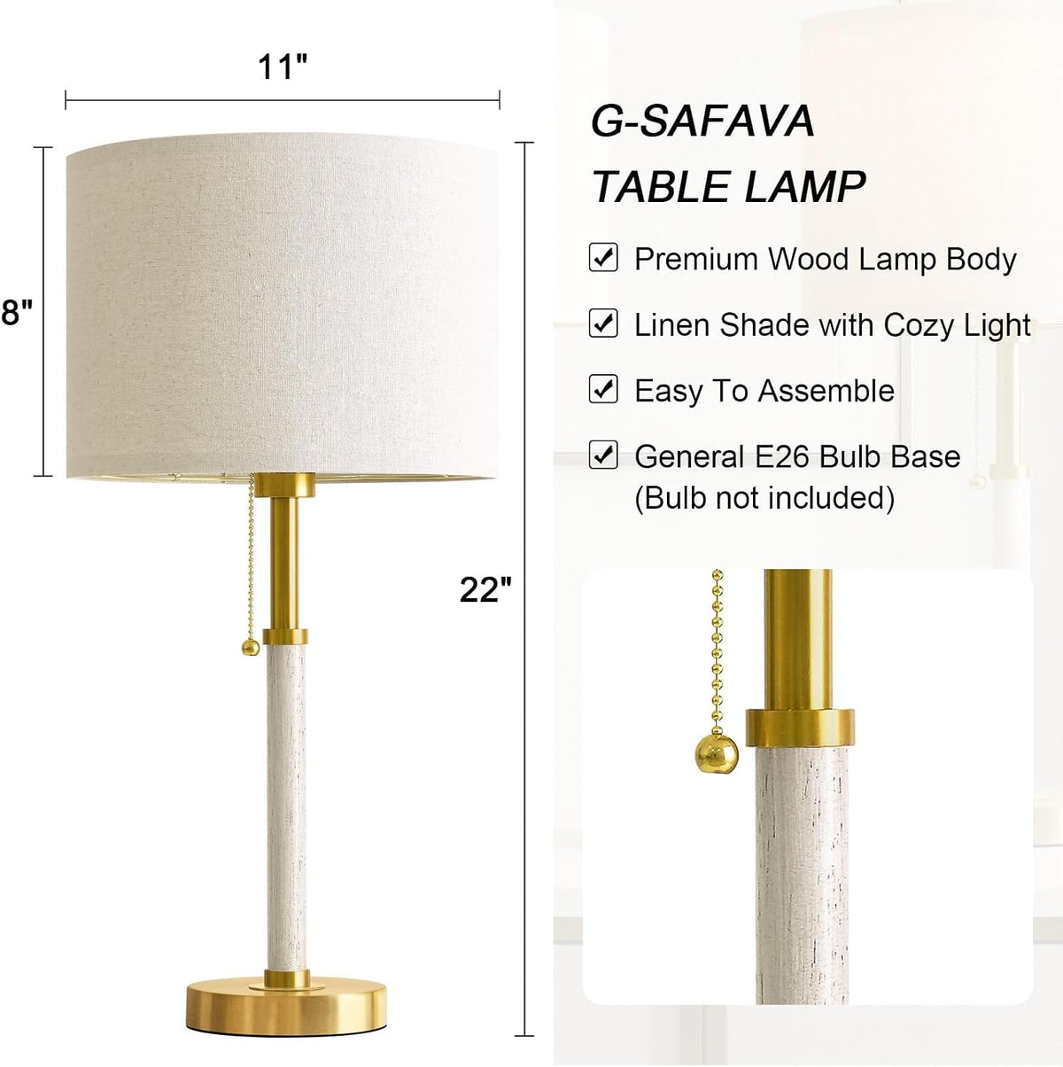 22" Wood Table Lamps Mid Century Modern Lamp for Bedroom Living Room