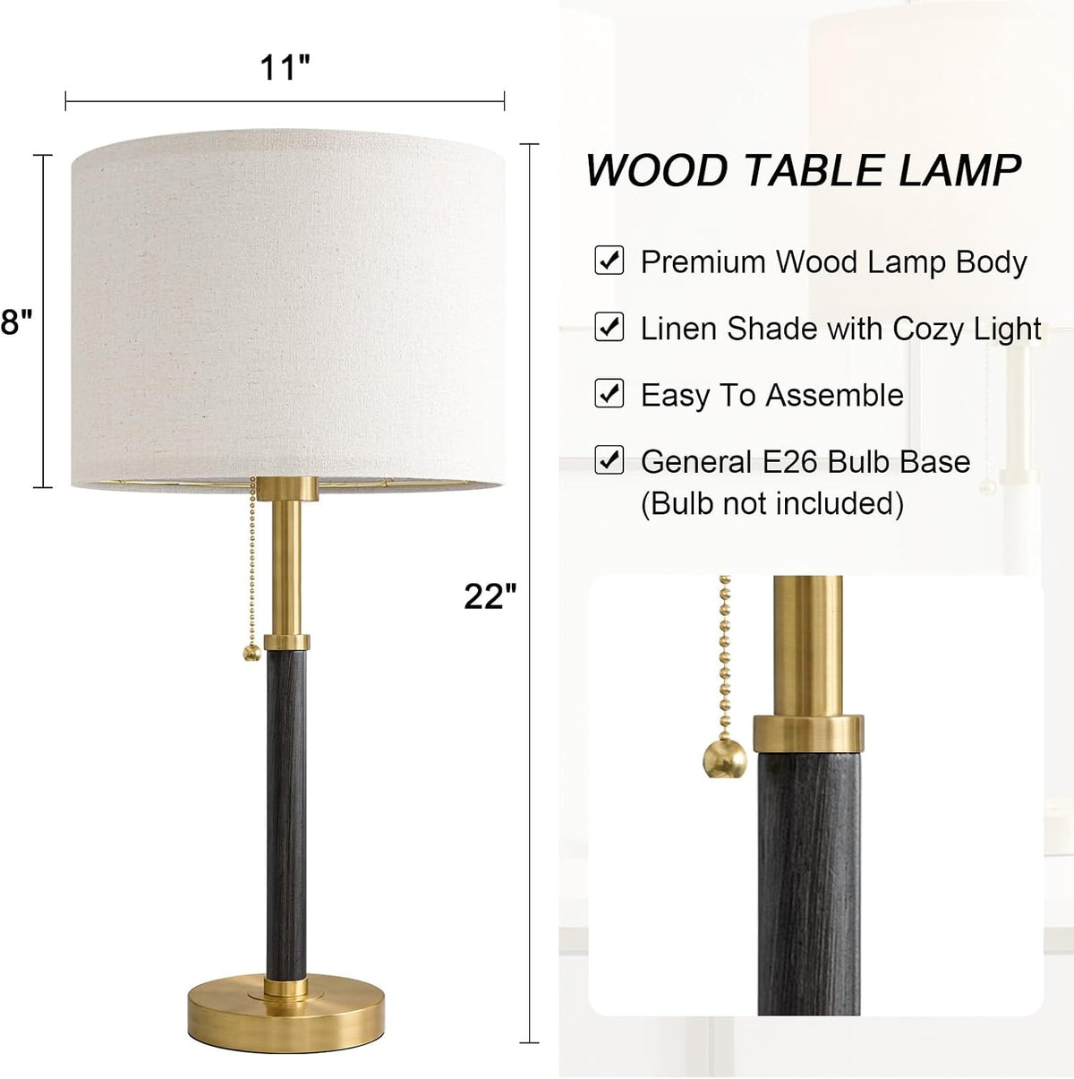 22" Wood Table Lamps Mid Century Modern Lamp for Bedroom Living Room