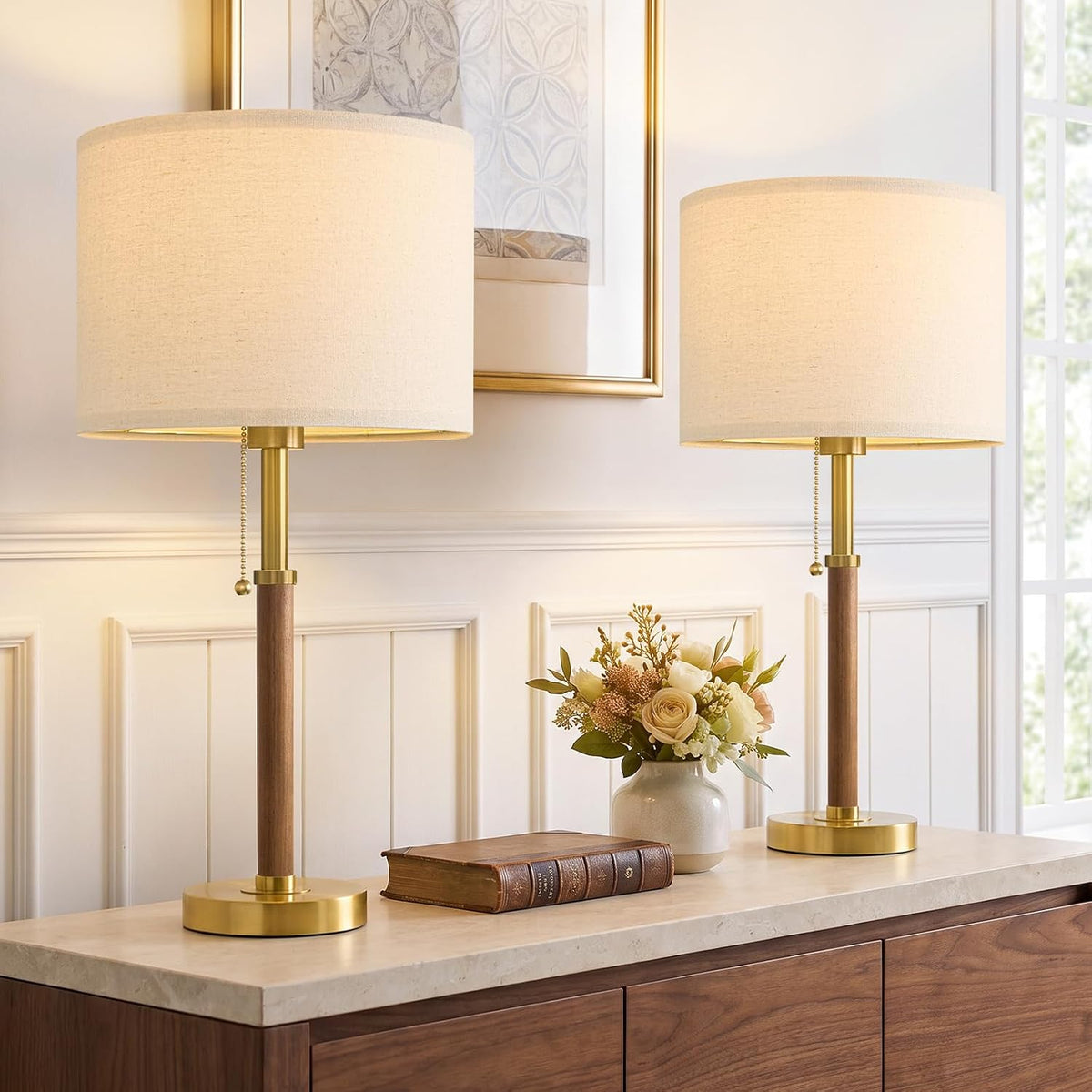 22" Wood Table Lamps Mid Century Modern Lamp for Bedroom Living Room