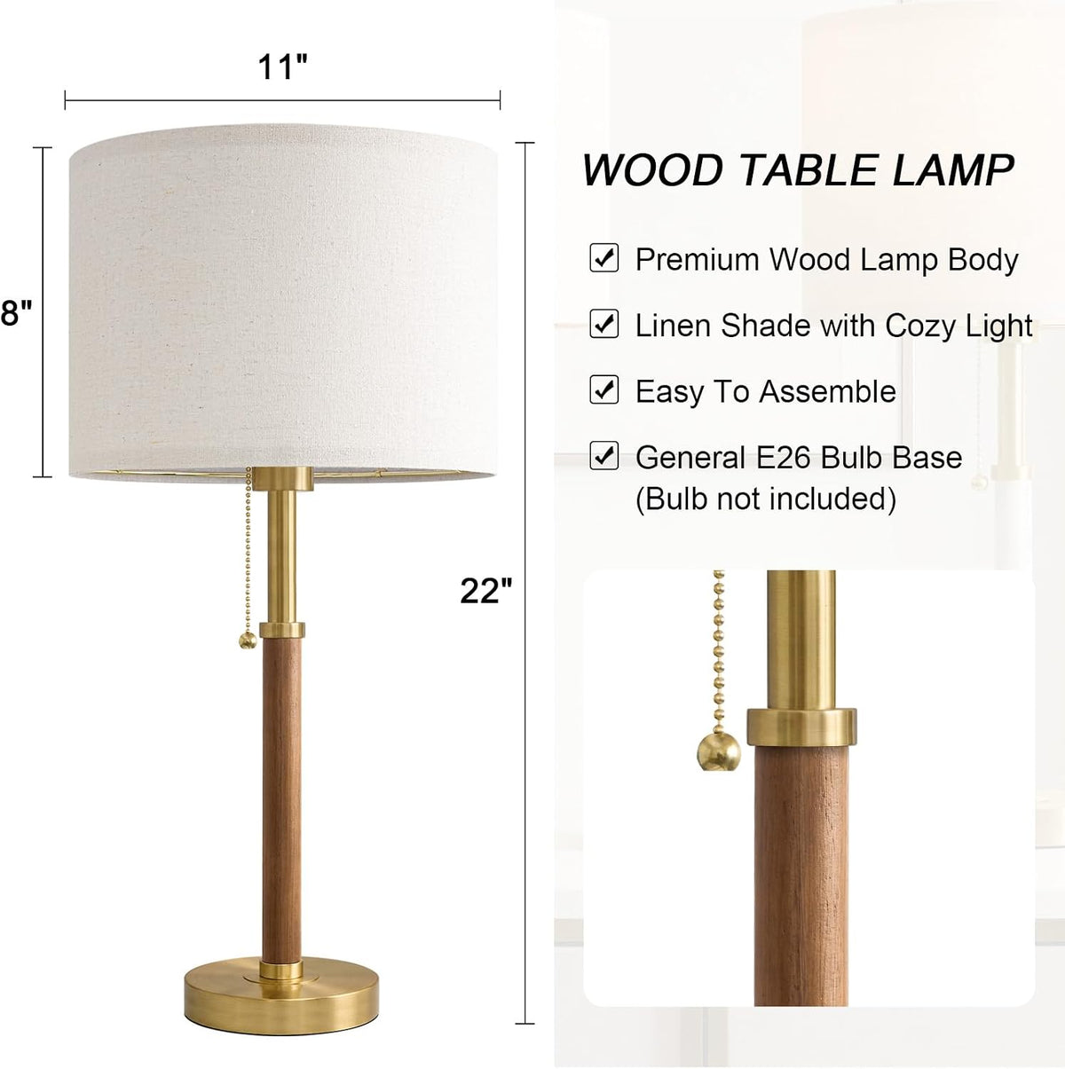 22" Wood Table Lamps Mid Century Modern Lamp for Bedroom Living Room