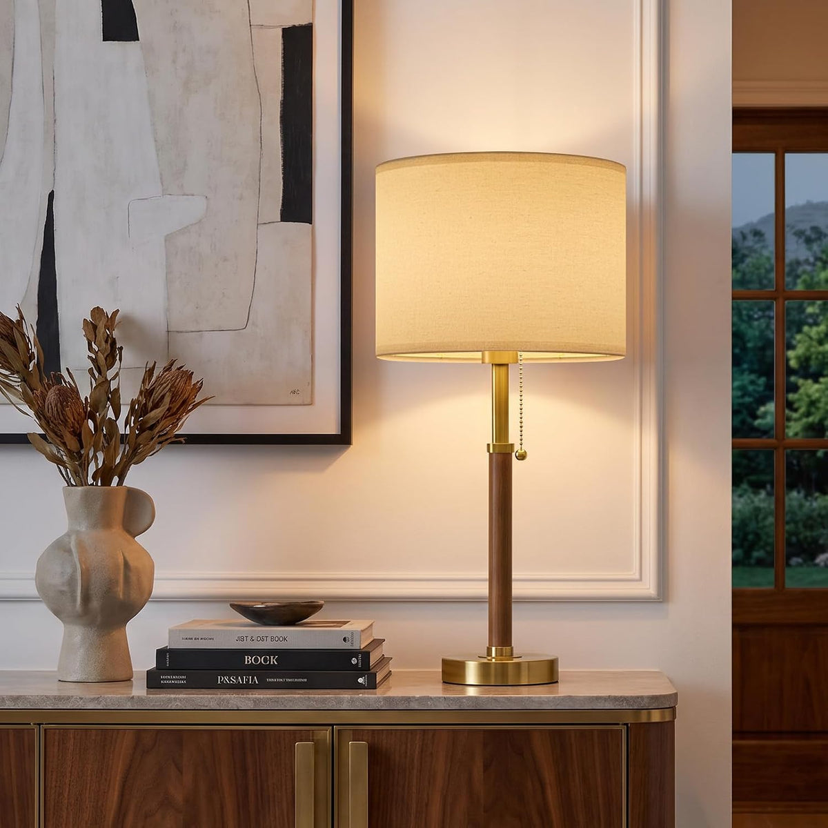 22" Wood Table Lamps Mid Century Modern Lamp for Bedroom Living Room