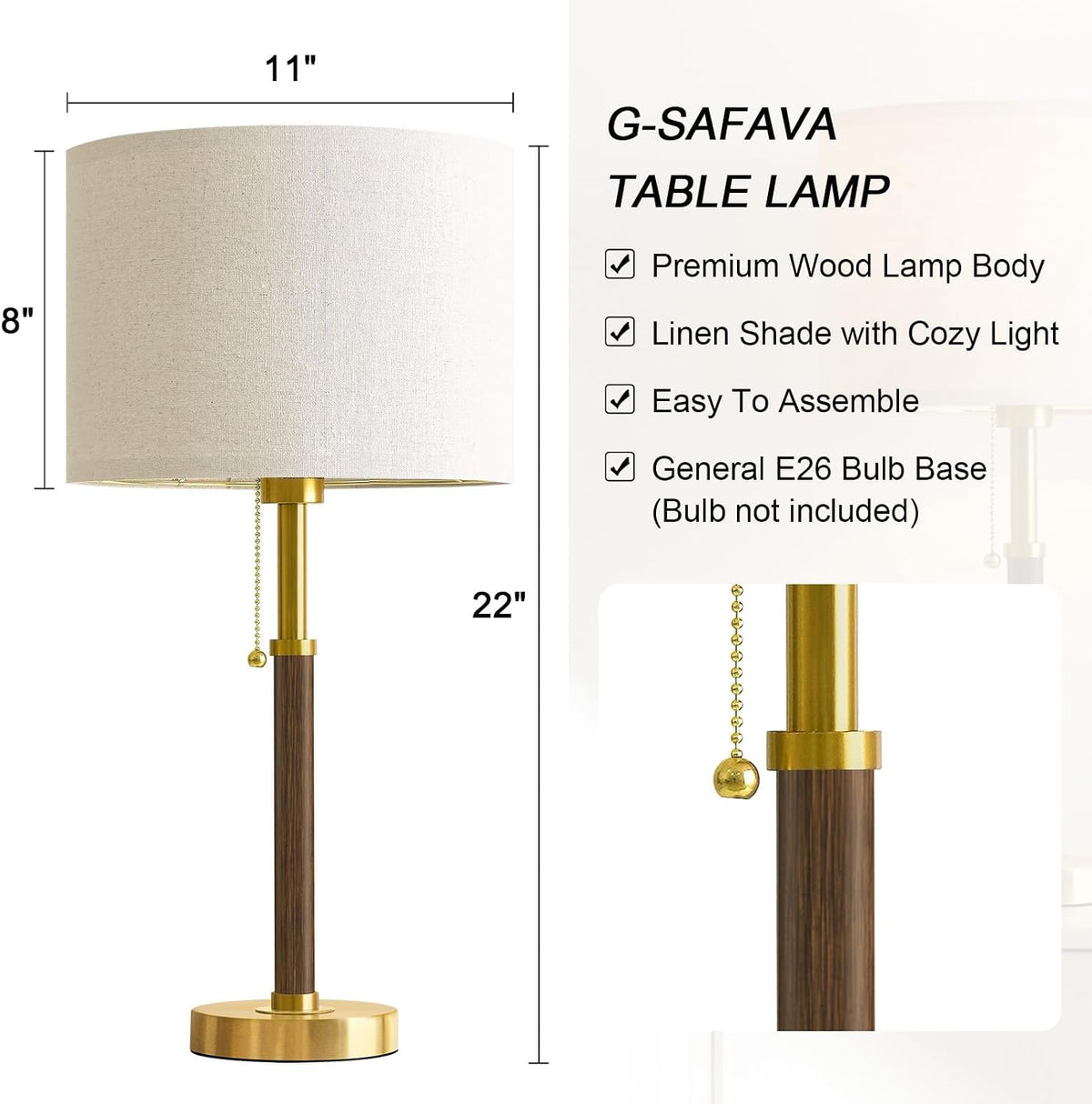 22" Wood Table Lamps Mid Century Modern Lamp for Bedroom Living Room