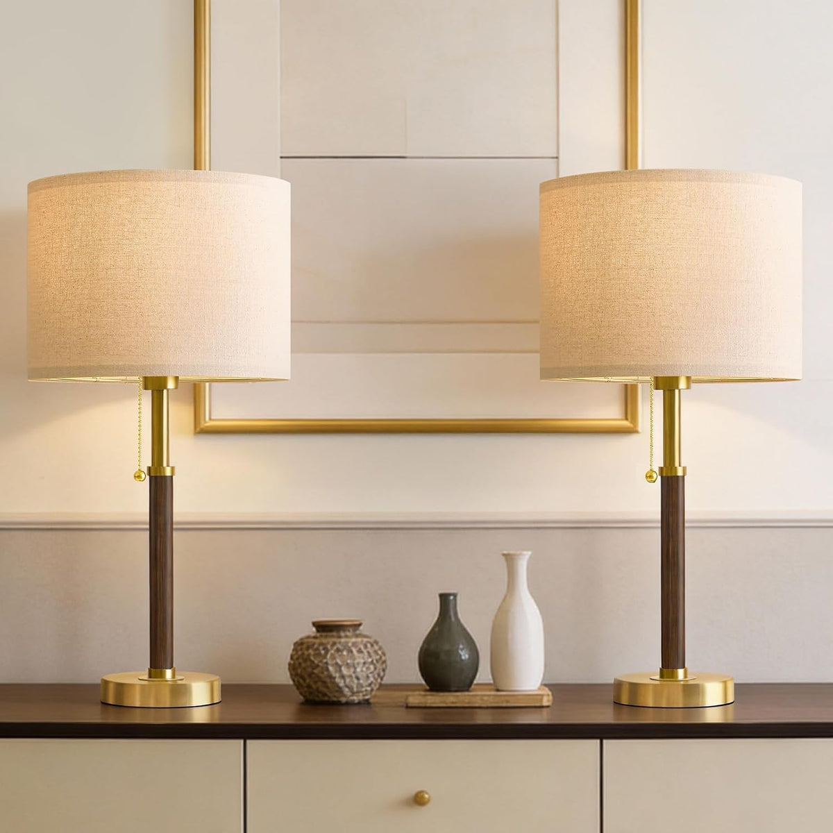22" Wood Table Lamps Mid Century Modern Lamp for Bedroom Living Room