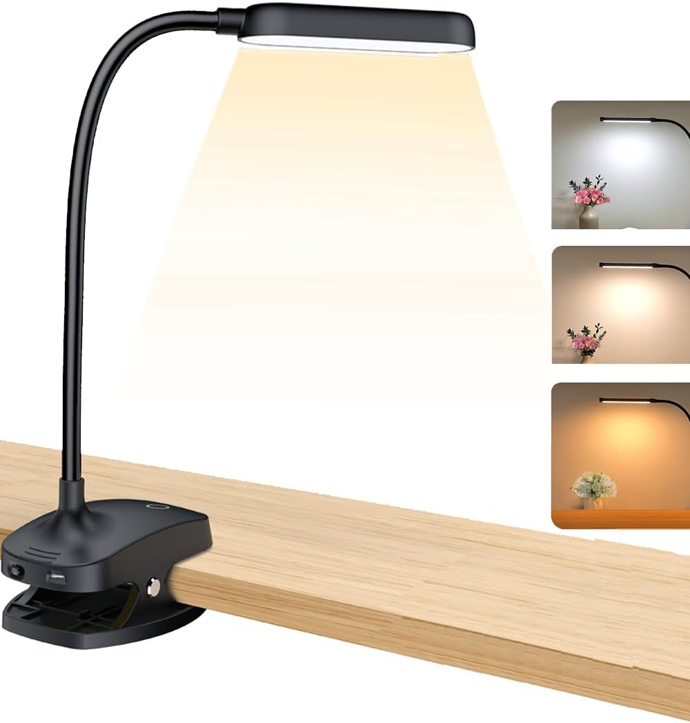 Desk Lamp Clip On Light-7W 2600mAH Flexible Gooseneck Battery Operated Rechargeable Reading Lamp with Clamp & Stepless Brightness for Desk,Piano,Bed Headboard and Computers