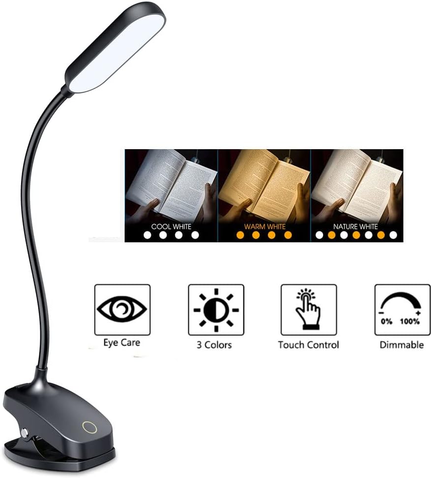 Desk Lamp Clip On Light-7W 2600mAH Flexible Gooseneck Battery Operated Rechargeable Reading Lamp with Clamp & Stepless Brightness for Desk,Piano,Bed Headboard and Computers