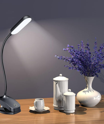 Desk Lamp Clip On Light-7W 2600mAH Flexible Gooseneck Battery Operated Rechargeable Reading Lamp with Clamp & Stepless Brightness for Desk,Piano,Bed Headboard and Computers