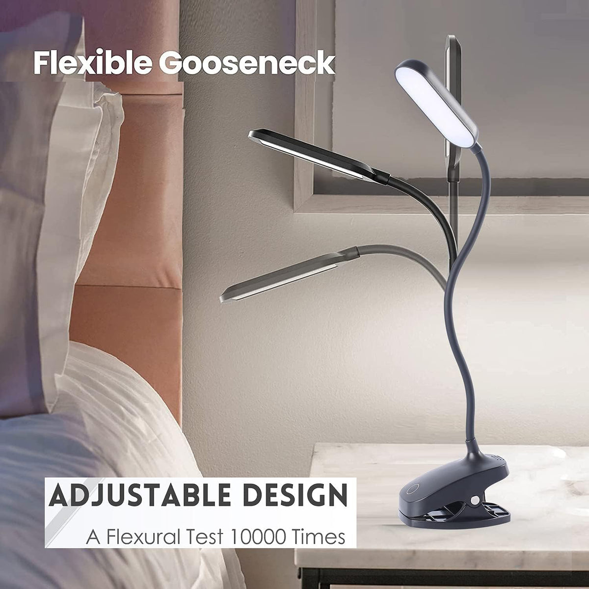 Desk Lamp Clip On Light-7W 2600mAH Flexible Gooseneck Battery Operated Rechargeable Reading Lamp with Clamp & Stepless Brightness for Desk,Piano,Bed Headboard and Computers