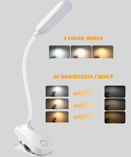 Desk Lamp Clip On Light-7W 2600mAH Flexible Gooseneck Battery Operated Rechargeable Reading Lamp with Clamp & Stepless Brightness for Desk,Piano,Bed Headboard and Computers