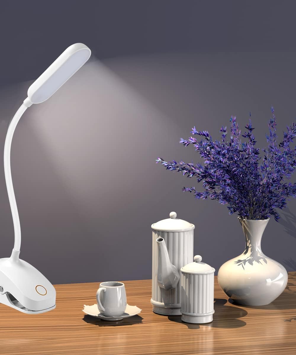 Desk Lamp Clip On Light-7W 2600mAH Flexible Gooseneck Battery Operated Rechargeable Reading Lamp with Clamp & Stepless Brightness for Desk,Piano,Bed Headboard and Computers