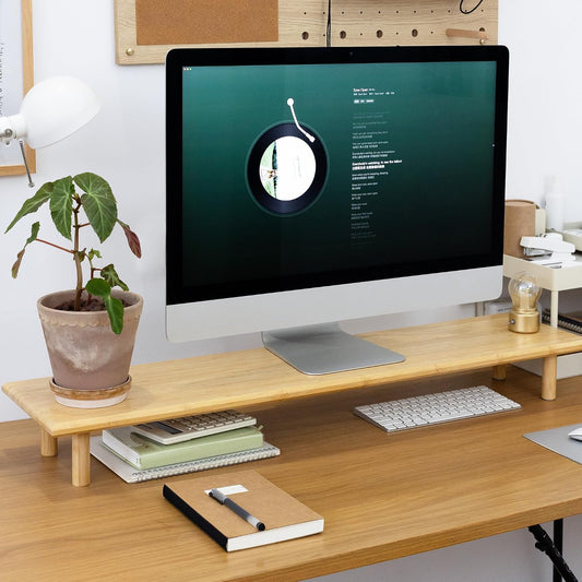 Bamboo Dual Monitor Stand Riser, Natural Desk Shelf with Storage