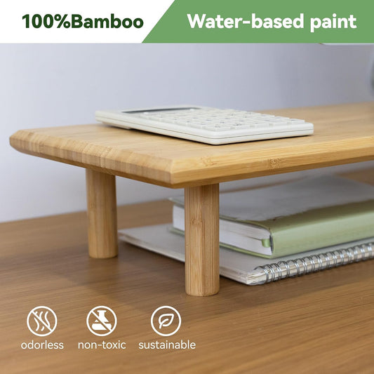 Bamboo Dual Monitor Stand Riser, Natural Desk Shelf with Storage