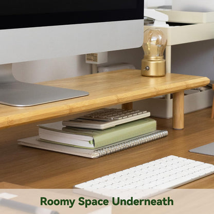 Bamboo Dual Monitor Stand Riser, Natural Desk Shelf with Storage