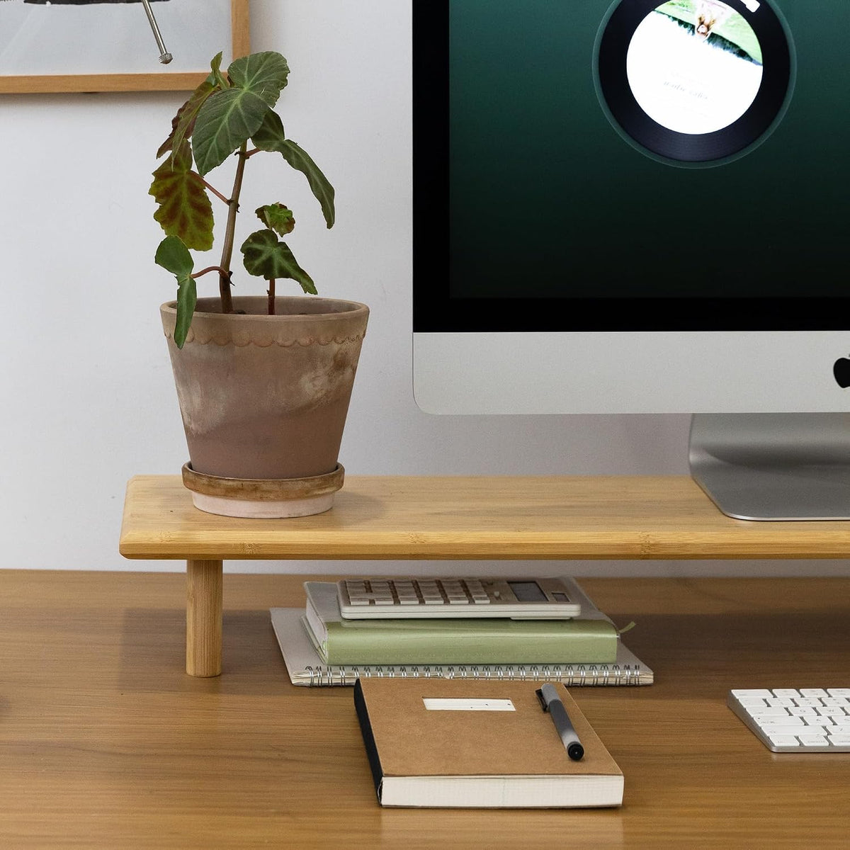 Bamboo Dual Monitor Stand Riser, Natural Desk Shelf with Storage