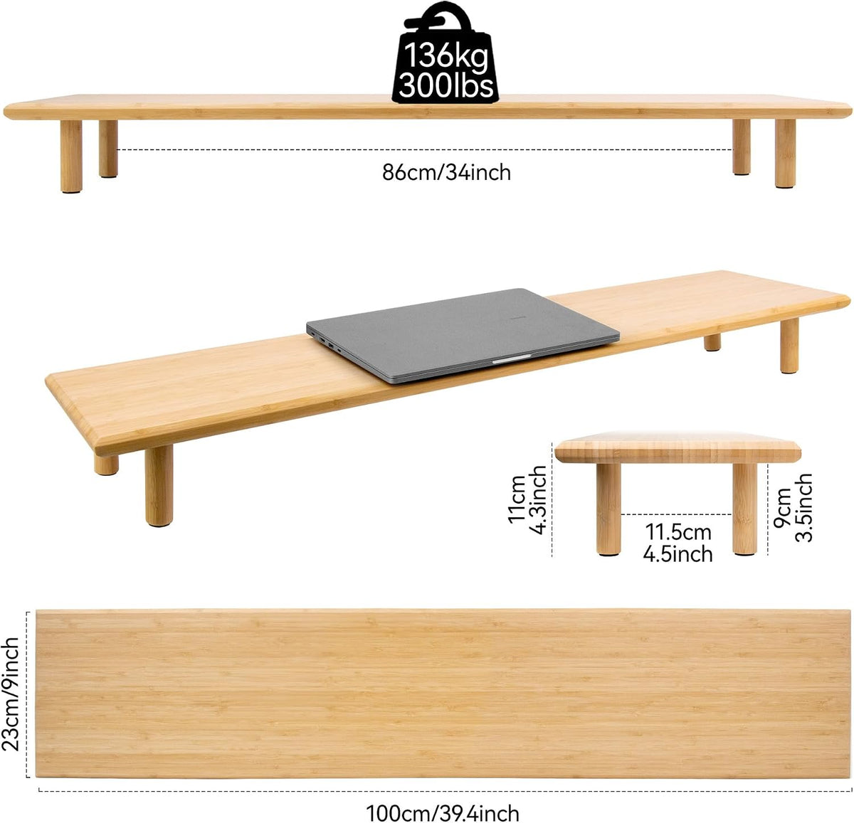 Bamboo Dual Monitor Stand Riser, Natural Desk Shelf with Storage