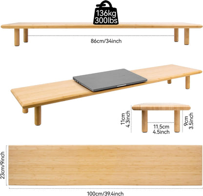 Bamboo Dual Monitor Stand Riser, Natural Desk Shelf with Storage